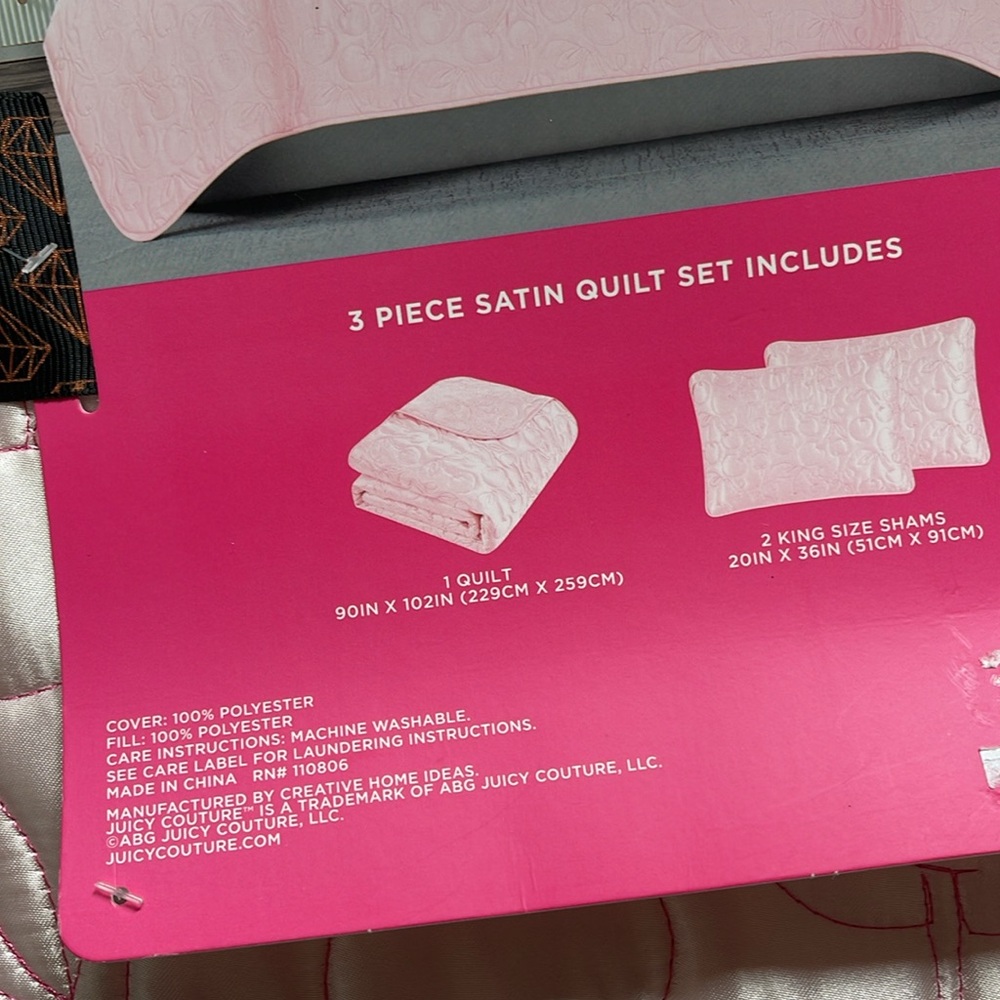 Juicy Couture Luxurious Satin Cherry Print King Size 3 Piece Quilt & Sham Set - Picture 8 of 10